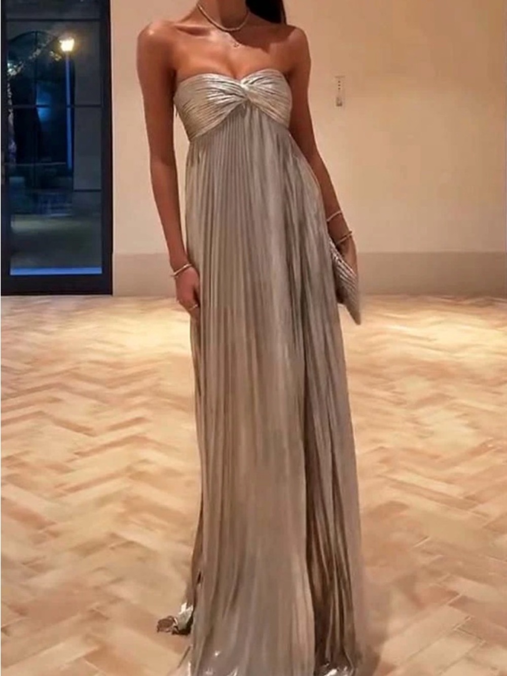 Strapless Metallic Twist-Front Evening Gown - Silver